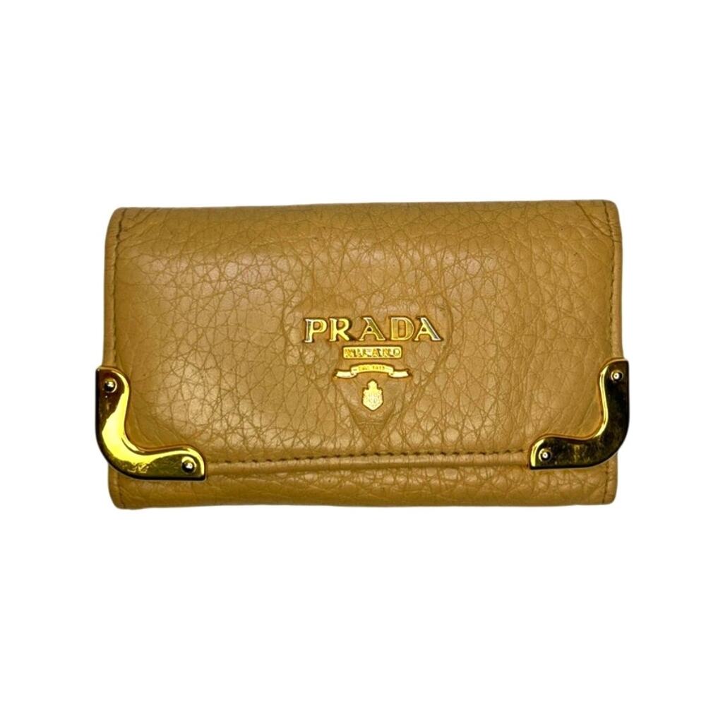Prada Pebbled Leather 6 Key Holder Camel Tan Gold Corner Logo Case